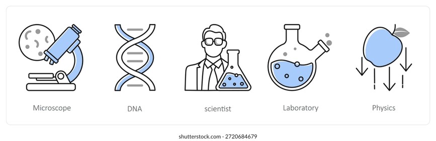 A set of 5 mix icons as microscope, dna, scientist in grey color