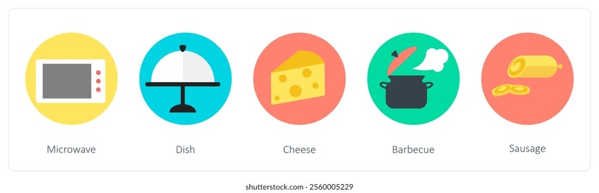 A set of 5 mix icons as microwave, dish, cheese