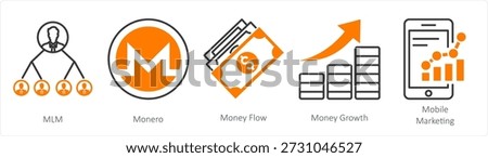A set of 5 mix icons as mlm, monero, money flow