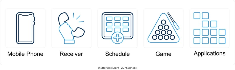 A set of 5 mix icons as mobile phone, receiver, schedule