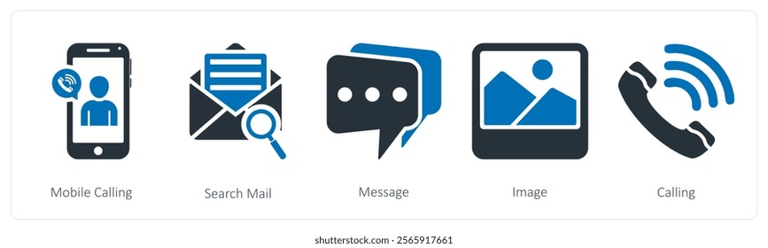 A set of 5 mix icons as mobile calling, search mail, message