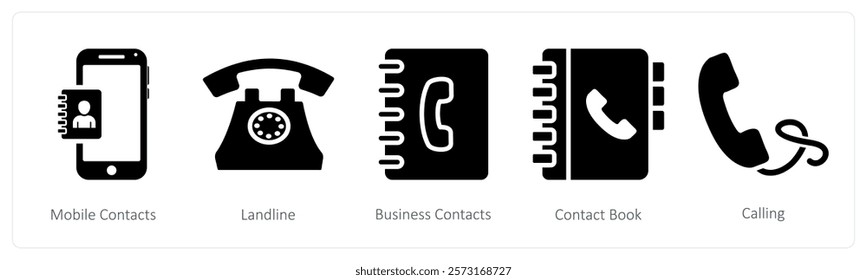 A set of 5 mix icons as mobile contacts, landline, business contacts