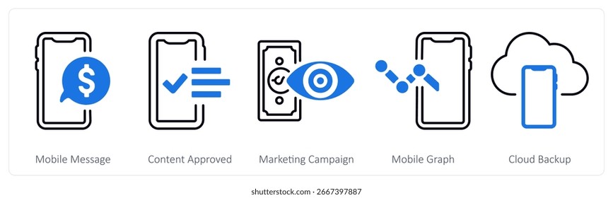 A set of 5 mix icons as mobile message, content approved, marketing campaign