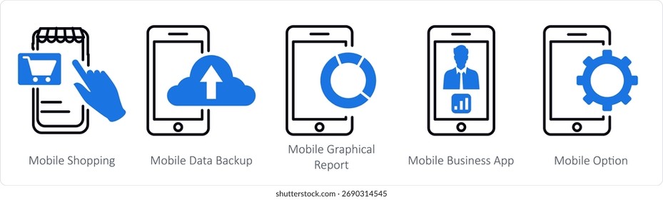 A set of 5 mix icons as mobile shopping, mobile data backup, mobile graphical report