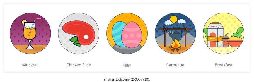 A set of 5 Mix icons as mocktail, chicken slice, eggs