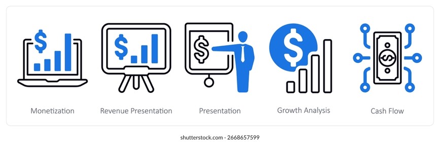 A set of 5 mix icons as monetization, revenue presentation, presentation