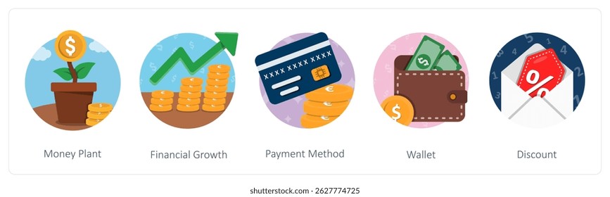 Um conjunto de 5 ícones mistos como fábrica de dinheiro, crescimento financeiro, método de pagamento