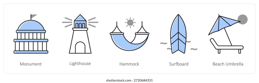 A set of 5 mix icons as monument, lighthouse, hammock in grey color