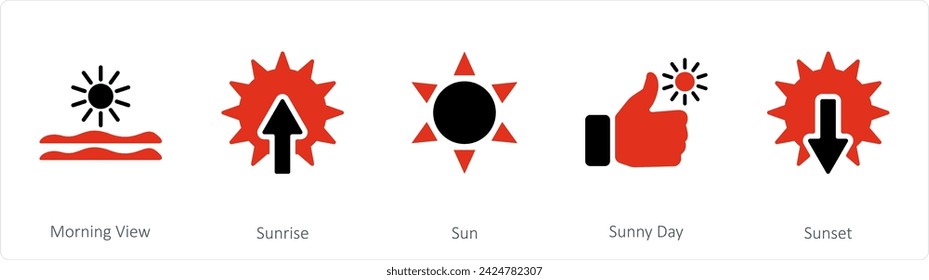 A set of 5 mix icons as morning view, sunrise, sun