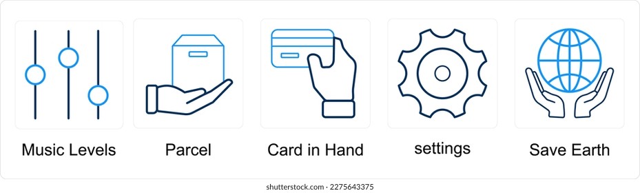 A set of 5 mix icons as music levels, parcel, card in hand