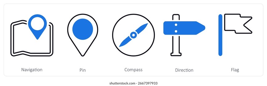 A set of 5 mix icons as navigation, pin, compass