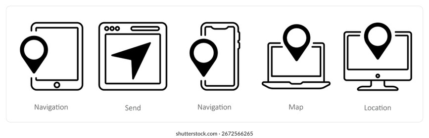 Un conjunto de 5 iconos de mezcla como navegación, enviar, mapa