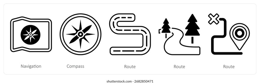 Um conjunto de 5 ícones mistos como navegação, bússola, rota