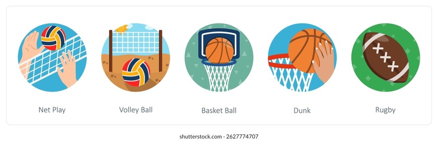 A set of 5 mix icons as net play, volley ball, basket ball