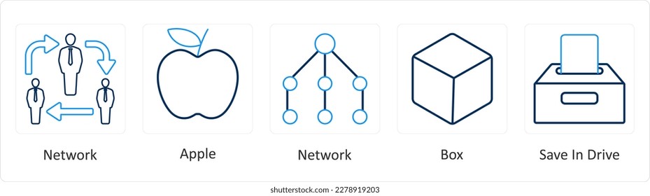 A set of 5 mix icons as network, apple, box
