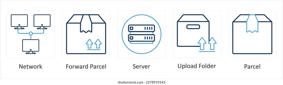 A set of 5 mix icons as network, forward parcel, server