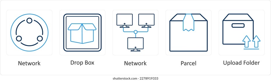 A set of 5 mix icons as network, drop box, parcel