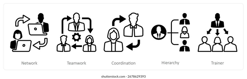 Un conjunto de 5 iconos de mezcla como red, trabajo en equipo, coordinación
