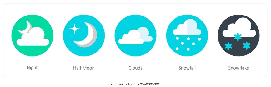 A set of 5 mix icons as night, half moon, cloud