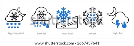 A set of 5 mix icons as night snowfall, snowfall, snow road