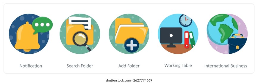 A set of 5 mix icons as notification, search folder, add folder