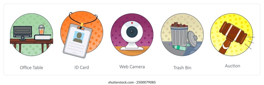 A set of 5 Mix icons as office table, id card, web camera