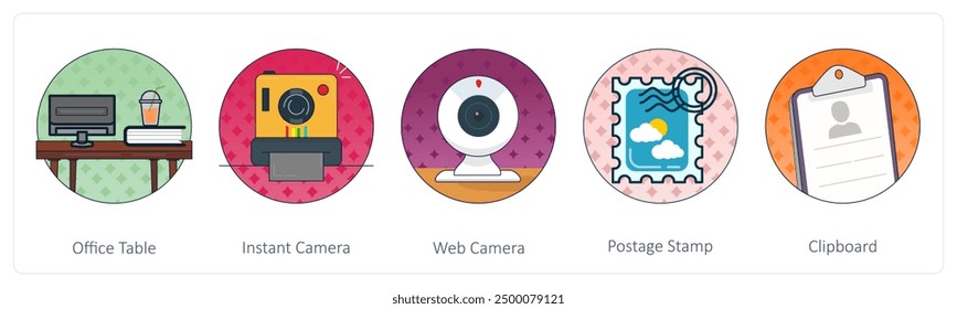 A set of 5 Mix icons as office table, instant camera, web camera