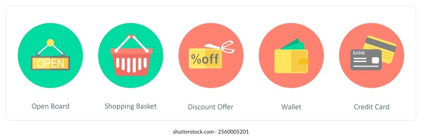 A set of 5 mix icons as open board, shopping basket, discount offer