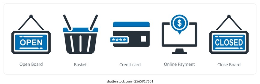 A set of 5 mix icons as open board, basket, credit card