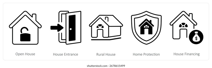 Um conjunto de 5 ícones de mistura como casa aberta, entrada da casa, casa rural