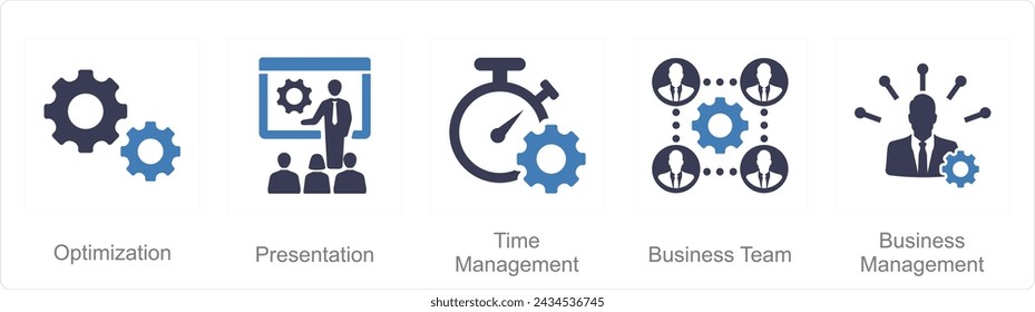 A set of 5 Mix icons as optimization, presentation, time management