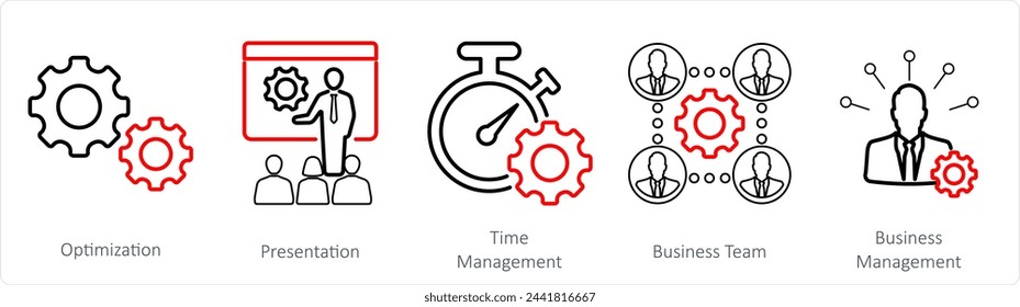 A set of 5 Mix icons as optimization, presentation, time management