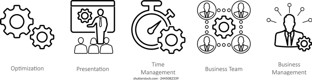 Un conjunto de 5 iconos de mezcla como optimización, presentación, gestión del tiempo