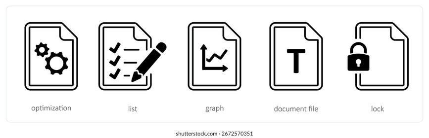 Um conjunto de 5 ícones mistos como otimização, lista, gráfico