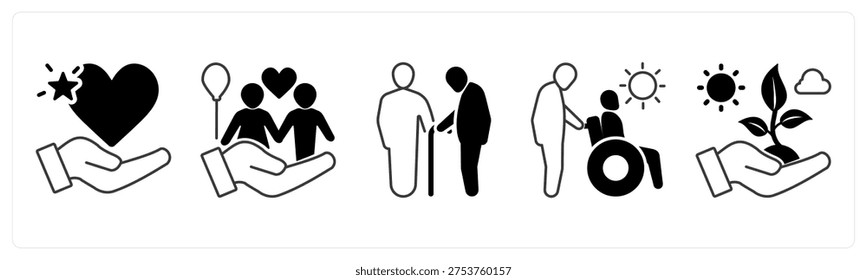 A set of 5 mix icons as orphans help, elderly people help, disabled people help