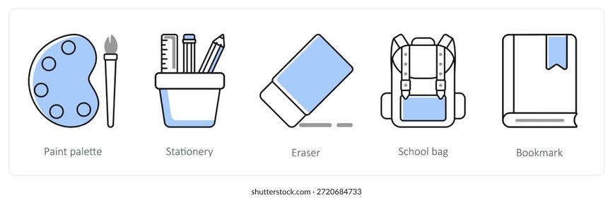 A set of 5 mix icons as paint palette, stationery, eraser in grey color