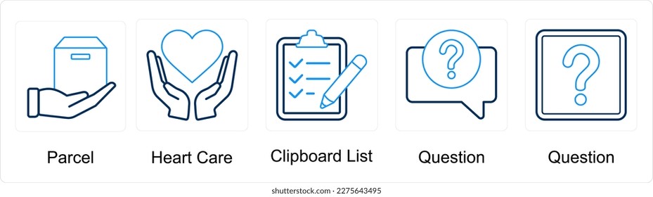 A set of 5 mix icons as parcel, heart care, clipboard list, question