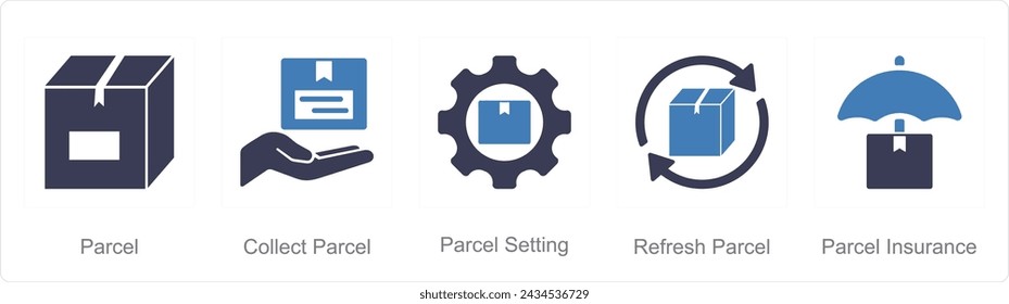 A set of 5 Mix icons as parcel, collect parcel, parcel setting