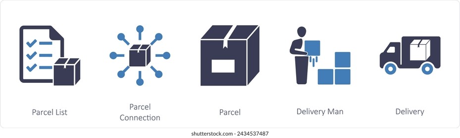A set of 5 mix icons as parcel list, parcel connection, parcel