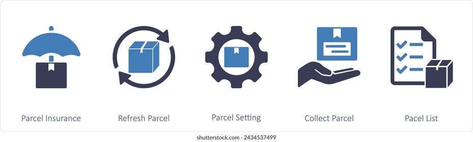 A set of 5 mix icons as parcel insurance, refresh parcel, parcel setting