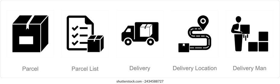 Un conjunto de 5 iconos de mezcla como paquete, lista de paquetes, entrega