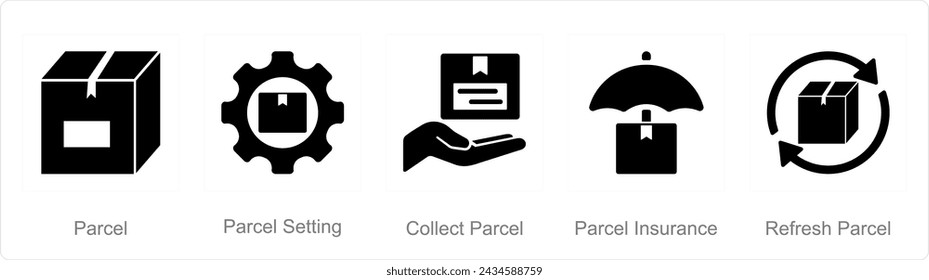 Un conjunto de 5 iconos de mezcla como paquete, configuración de paquete, recoger paquete