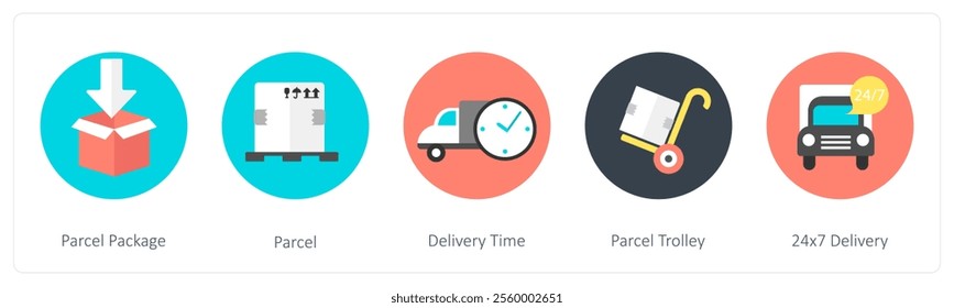 A set of 5 mix icons as parcel package, parcel, delivery time