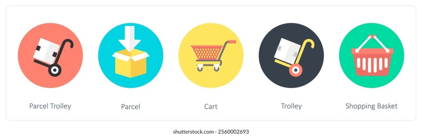 A set of 5 mix icons as parcel trolley, parcel, cart