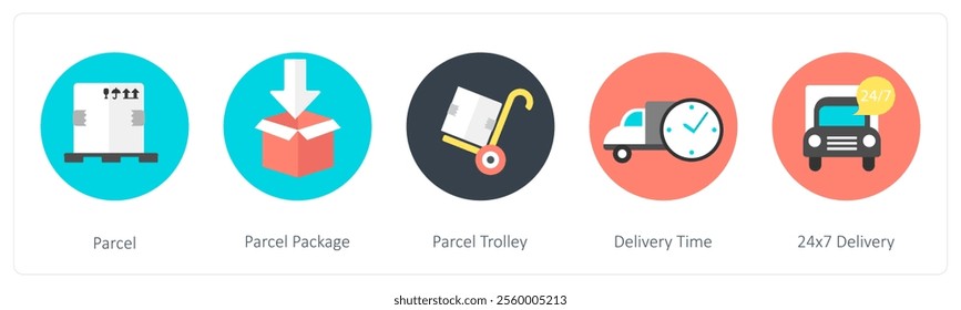 A set of 5 mix icons as parcel, parcel package, parcel trolley