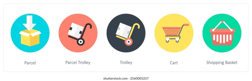 A set of 5 mix icons as parcel, parcel trolley, trolley