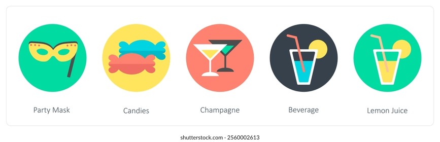 A set of 5 mix icons as party mask, candies, champagne