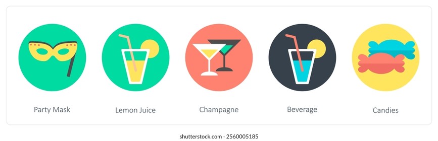 A set of 5 mix icons as party mask, lemon juice, champagne