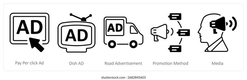 Un conjunto de 5 iconos de la mezcla como pago por anuncio del Hacer clic, anuncio del plato, anuncio de la carretera