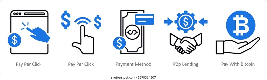 A set of 5 mix icons as pay per click, payment method, p2p lending